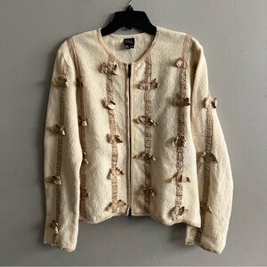CoVelo Jacket Women’s Cream Boiled Wool Silk Trim Dragonfly Zip Cardigan Artsy L
